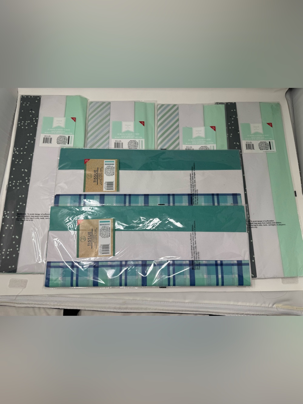 Assorted Gift Wrap and Tissue Paper - Mint, Teal, White, Blue